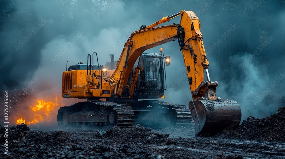Excavator working in smoky construction site