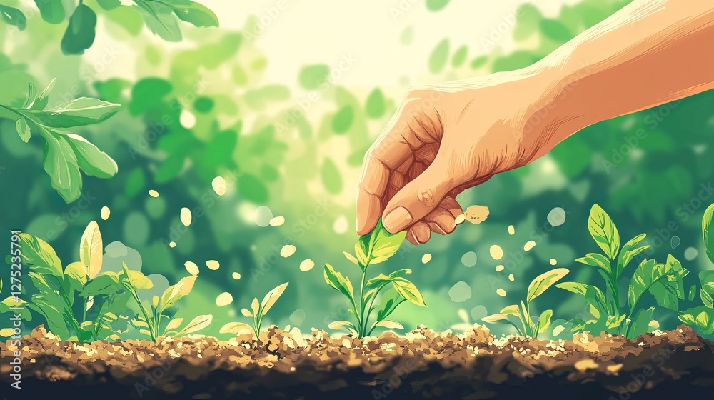 Fototapeta premium A Gentle Hand Reaches into Lush Green Plant Soil Nurturing Life with Careful Touch Surrounded by Earthy Tones and Vibrant Foliage Creating a Connection with Nature and Growth