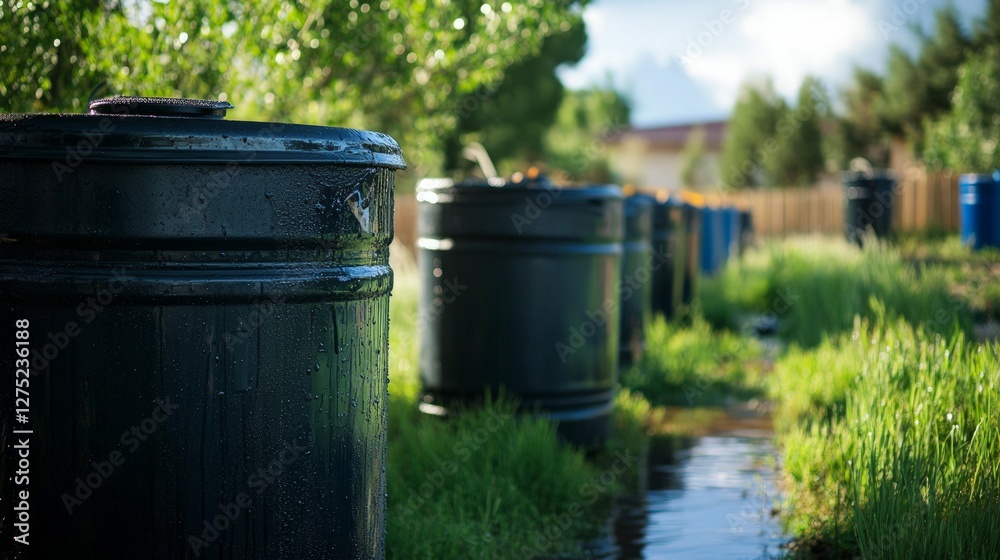 Black rain barrels lined along a green garden path in daylight Black rain barrels lined along a green garden path in daylight