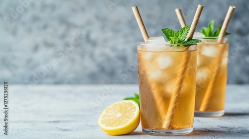 Refreshing iced tea served in glasses with mint leaves and lemon slices, perfect for a warm day.