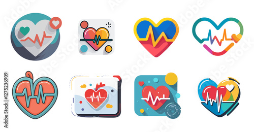 Sets icon collection of Colorful heart icons with electrocardiogram lines on them, showcasing diverse designs and vibrant colors against a plain background, representing health and medical theme