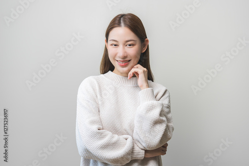 Smile positive, happy asian young woman, girl in casual, portrait of beautiful female with long hair feeling prond, standing crossed arms looking at camera, isolated on white background, copy space. photo