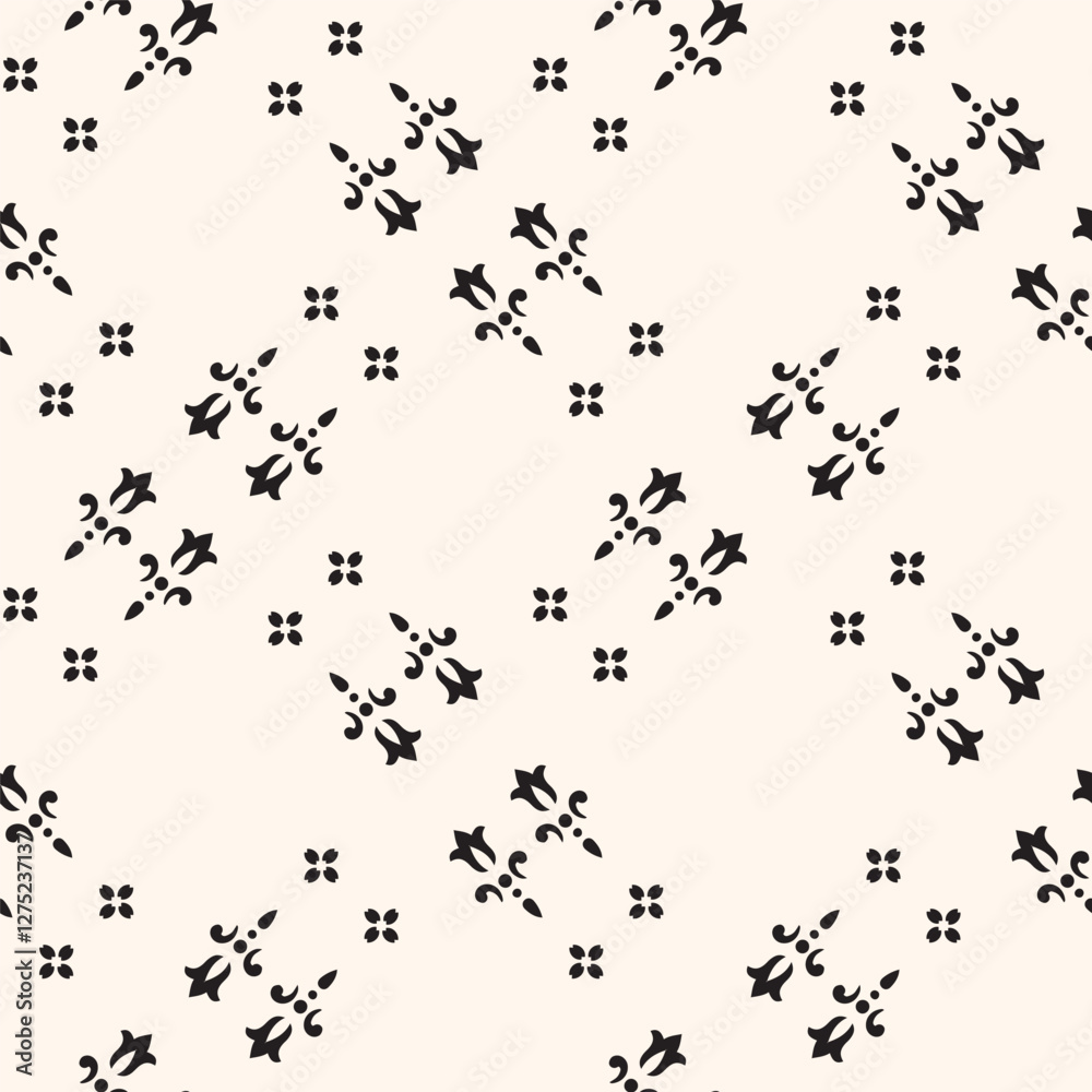 Obraz premium Simple minimalist floral pattern. Minimal seamless texture with small flower shapes. Abstract black and white geometric background. For print, package