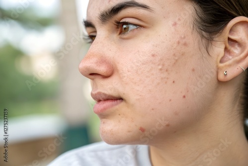 A close-up image of acne scars on the skin, showing texture irregularities, pigmentation, and skin tone differences.