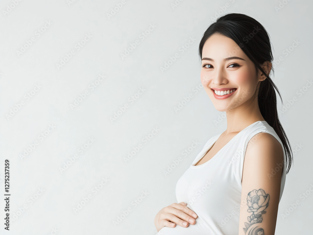 A Joyful Pregnant Asian Woman Showcases Her Unique Arm Tattoo, Radiating Pride and Happiness in This Special Moment. A Joyful Pregnant Asian Woman Showcases Her Unique Arm Tattoo, Radiating Pride and Happiness in This Special Moment.