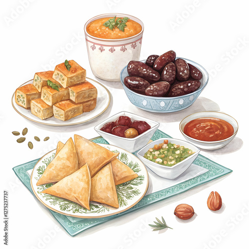 Beautifully illustrated traditional Ramadan Iftar spread in watercolor style, showcasing an array of authentic dishes and delicacies for the holy month
