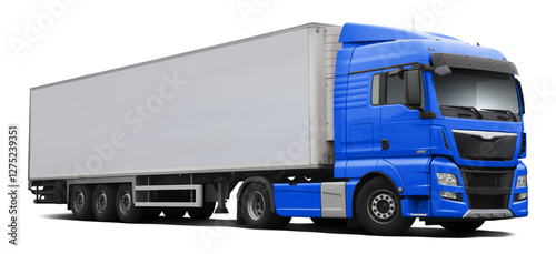 A modern European truck with a light blue cab, and a full white semi-trailer. Front side view isolated on white background.