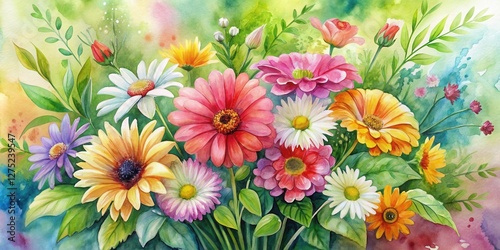Vibrant Watercolor Painting of a Bountiful Floral Arrangement Featuring a Diverse Collection of Blossoms in a Lush Green Setting