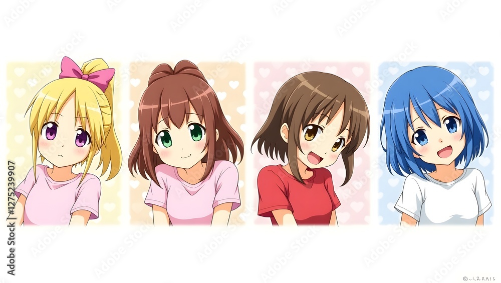 An anime-style illustration featuring four young female characters, each with unique hairstyles and vibrant hair colors, set against pastel-colored backgrounds with heart patterns