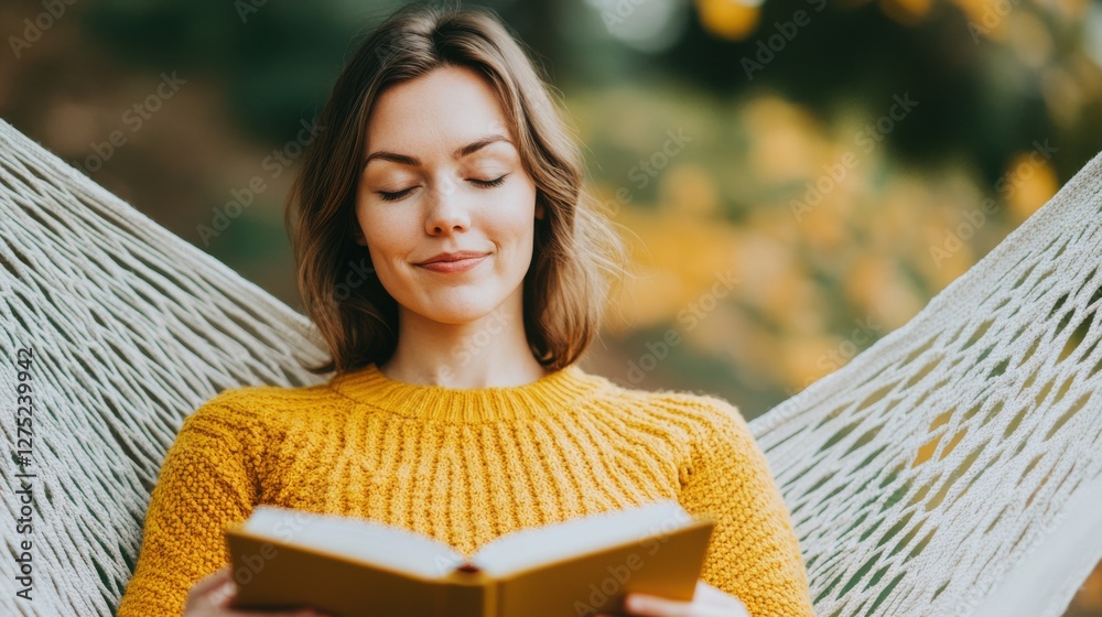 Obraz premium Serene Woman in Yellow Sweater Relaxing in Hammock, Enjoying a Book and Sipping Tea, with Eyes Closed and a Gentle Smile in a Tranquil Natural Setting