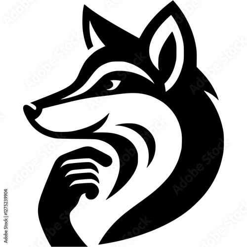 Thoughtful Fox holds his chin with his paw side view in monochrome. Engraving minimalistic vector in black ink drawing on transparent background