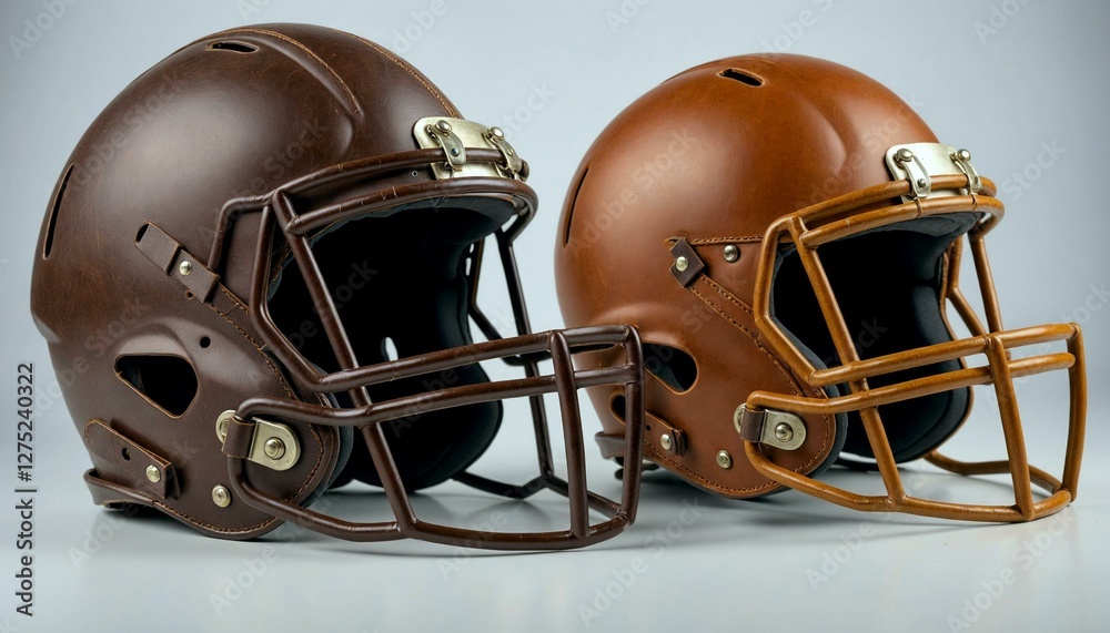 Naklejka premium Brown leather football helmets on light blue backdrop