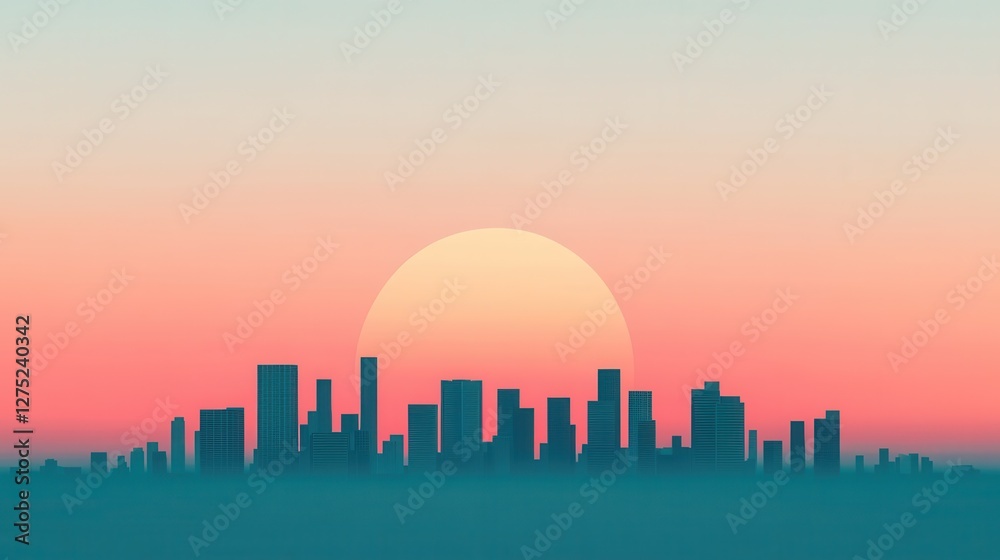 Obraz premium Serene City Skyline at Dusk with Glowing Neon Horizon Evoking a Calm and Dreamy Atmosphere in Low Fidelity Style