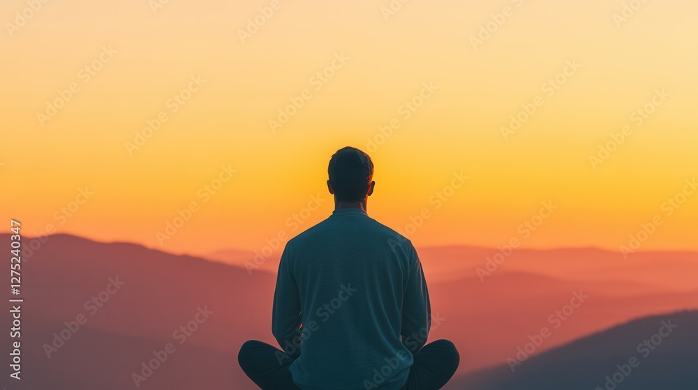 Serene Silhouette of a Person Practicing Yoga on a Hilltop at Sunrise, Embracing the Stillness of the Moment in a Breathtaking Natural Landscape Serene Silhouette of a Person Practicing Yoga on a Hilltop at Sunrise, Embracing the Stillness of the Moment in a Breathtaking Natural Landscape