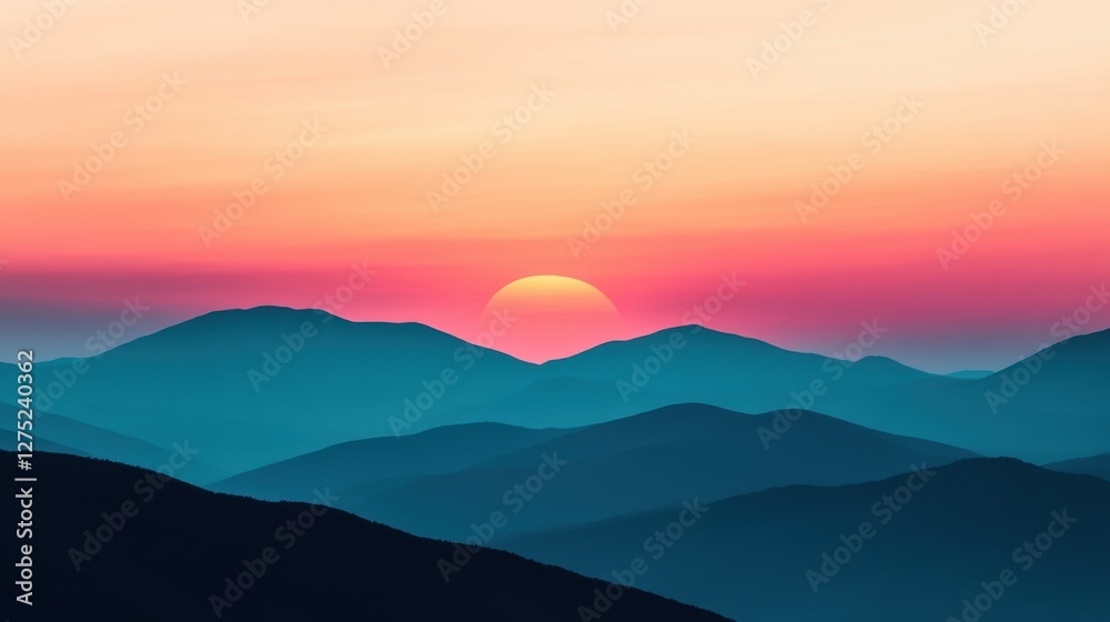 Serene Sunset Over Distant Rolling Hills with Soft Blending Pinks, Purples, and Oranges Creating a Tranquil Landscape Scene Serene Sunset Over Distant Rolling Hills with Soft Blending Pinks, Purples, and Oranges Creating a Tranquil Landscape Scene