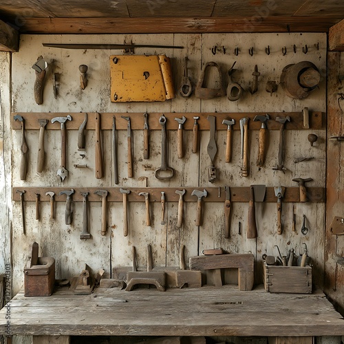 Antique Tools on Workshop Wall photo