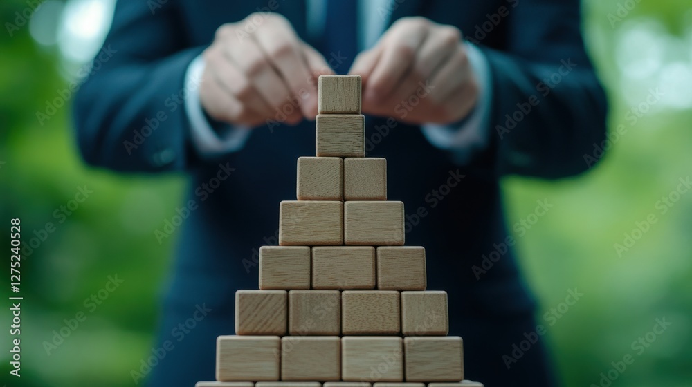 Executive Successfully Places Final Wooden Cube on Top of Financial Pyramid Symbolizing Investment Achievement and Business Success in a Modern Setting Executive Successfully Places Final Wooden Cube on Top of Financial Pyramid Symbolizing Investment Achievement and Business Success in a Modern Setting