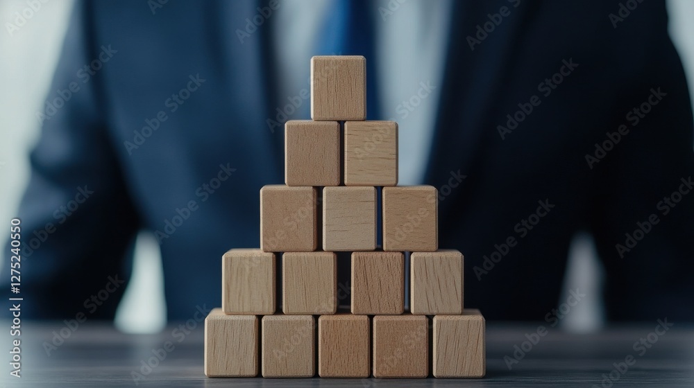 Executive Concept of Success with Wooden Cubes on Top of a Financial Pyramid, Representing Achievement in Business and Investments Executive Concept of Success with Wooden Cubes on Top of a Financial Pyramid, Representing Achievement in Business and Investments