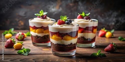 Layered Dessert Cups with Berries and Cream in Glassware on Wooden Surface