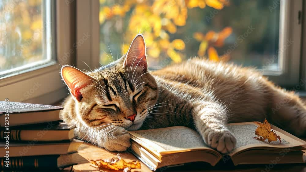 Cozy cat napping on a desk next to a sunlit window with autumn leaves in the background, Cozy cat sleeping on desk by sunlit window with autumn foliage and books around