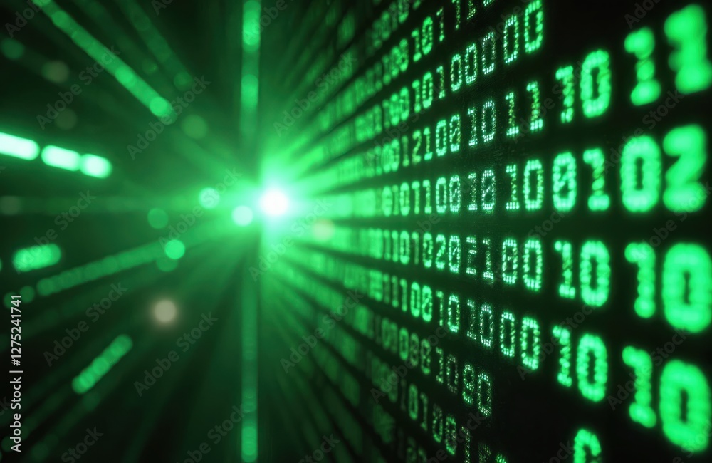 © Vadym - Abstract digital green binary code background. Futuristic cyberspace backdrop with glowing light flare. Perfect for tech, security, innovation, or data-driven concepts. © Vadym - Abstract digital green binary code background. Futuristic cyberspace backdrop with glowing light flare. Perfect for tech, security, innovation, or data-driven concepts.