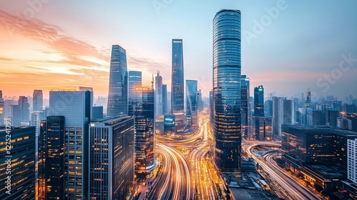 Twilight Urban Scene with Motion Traffic - Cityscape - Made with Generative AI