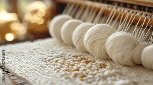 Antique loom, white yarn, weaving rug, holiday lights