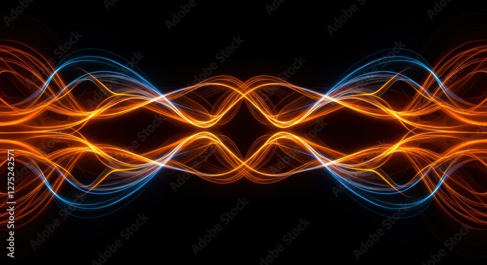 Obraz premium Abstract waves, neon colors, blue and orange light trails, intertwining curves, digital art, dark background, symmetrical design, energy flow visualization, futuristic, dynamic motion, glowing lines, 
