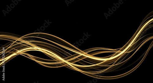 Golden light trails, flowing abstract curves, black background, glowing energy, sleek motion, luminous streaks, digital art, minimalist design, futuristic, smooth waves, ethereal, dynamic movement, sh photo