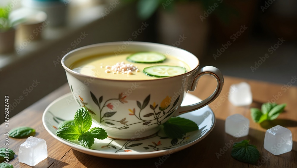A refreshing laban drink in a delicate ceramic cup, garnished with mint, cucumber slices, and ice cubes, set on a rustic wooden table, bathed in soft natural light. A refreshing laban drink in a delicate ceramic cup, garnished with mint, cucumber slices, and ice cubes, set on a rustic wooden table, bathed in soft natural light.