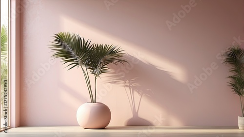 3d rendering of a plant in a vase on a table in front of, soft neon atmosphere