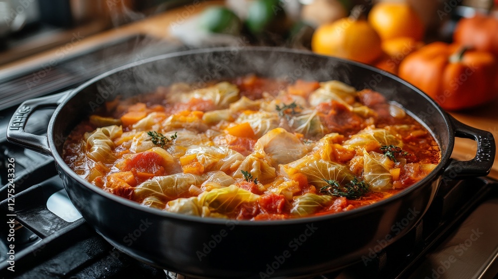 A steaming pot of cabbage and vegetable stew on a stovetop, evoking warmth and comfort. A steaming pot of cabbage and vegetable stew on a stovetop, evoking warmth and comfort.