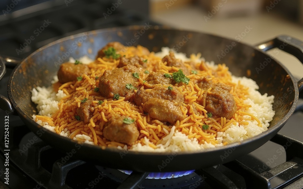 Skillet of Cooked Rice with Spices and Brown Meat Skillet of Cooked Rice with Spices and Brown Meat