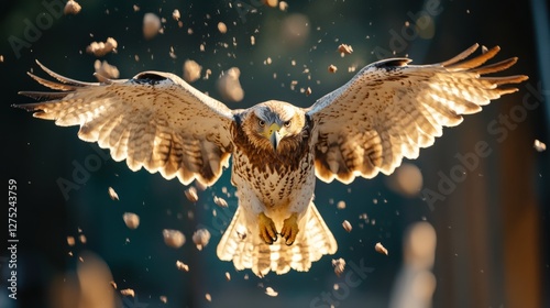 Majestic Hawk in Flight Illuminated by Sunrise: A Captivating Display of Nature's Beauty in the Wild with Feathered Wings and Serene Background photo