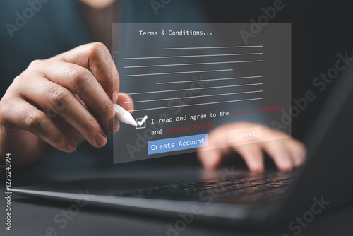 Man tick check mark for accept Terms of use concept. Reading terms and conditions of website or application before click to create account button. Agree to the term and condition of contract.