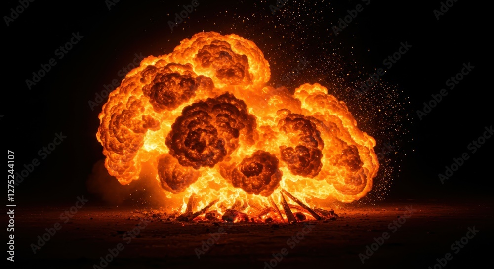 Fototapeta premium massive fireball explosion, intense orange flames, dark background, spherical blast, high-contrast, detailed fire texture, destructive power, cinematic lighting, apocalyptic scene, ground-level view, 