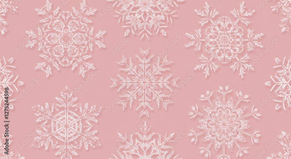 Delicate snowflake pattern, soft pink background, intricate floral motifs, symmetrical design, vintage wallpaper style, pastel colors, repeating geometric shapes, lace-like details, elegant winter the Delicate snowflake pattern, soft pink background, intricate floral motifs, symmetrical design, vintage wallpaper style, pastel colors, repeating geometric shapes, lace-like details, elegant winter the