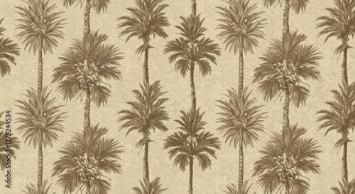 Vintage tropical wallpaper pattern, sepia-toned palm trees, repetitive botanical design, retro illustration style, exotic foliage, monochromatic desert oasis, antique botanical print, palm fronds silh photo