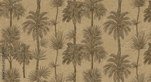 Vintage tropical wallpaper pattern, sepia-toned palm trees, repetitive botanical design, retro illustration style, exotic foliage, monochromatic desert oasis, antique botanical print, palm fronds silh photo