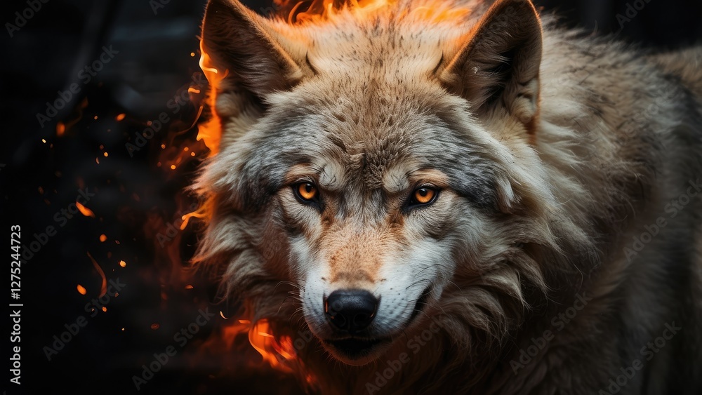 Obraz premium A majestic white wolf with piercing golden eyes emerges from vibrant flames,