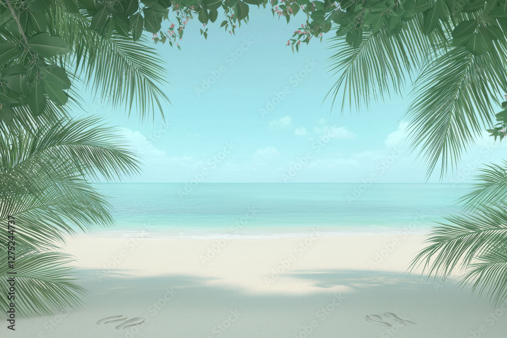 Lush palm fronds frame serene beach scene with soft waves and clear skies, Sea and sand Theme. Lush palm fronds frame serene beach scene with soft waves and clear skies, Sea and sand Theme.
