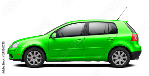 Modern European car with a side view, hatchback body, all green. In png format on a transparent background.