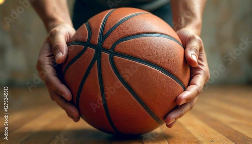 Close-up of hands holding basketball on wooden floor
