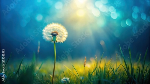 Serene Dandelion in a Meadow of Vibrant Green Grass Under a Soft, Sunlit Sky