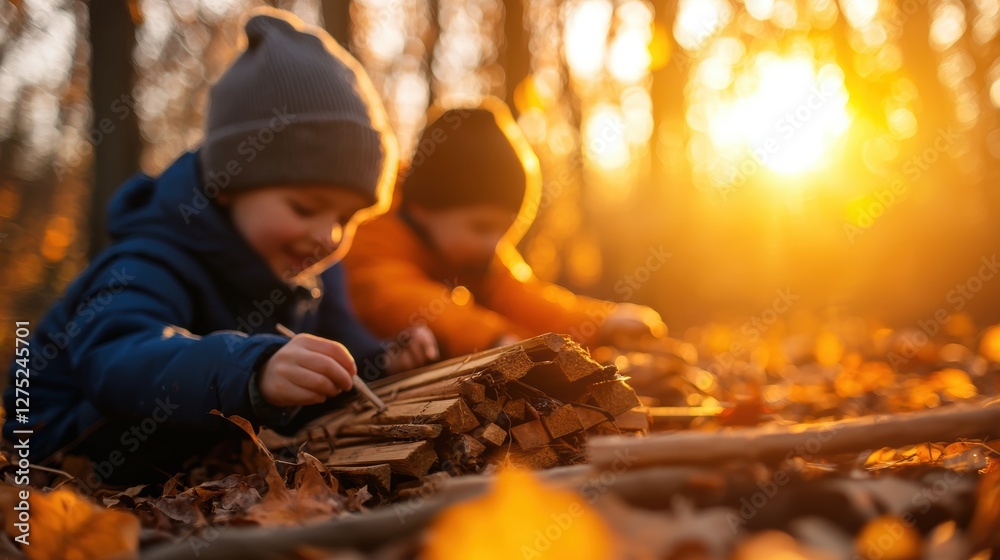 Fototapeta premium Two Children Collecting Sticks in a Warm Autumn Forest During Golden Hour