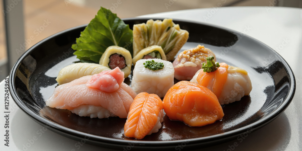 A perfectly arranged sushi platter, featuring delicate slices of sashimi, nigiri, and rolls, with vibrant colors of fresh fish A perfectly arranged sushi platter, featuring delicate slices of sashimi, nigiri, and rolls, with vibrant colors of fresh fish