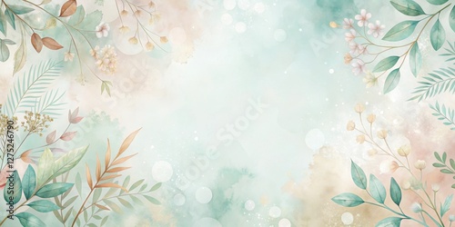 Serene Botanical Watercolor Background Featuring Delicate Floral and Leafy Elements on a Soft, Pastel Canvas