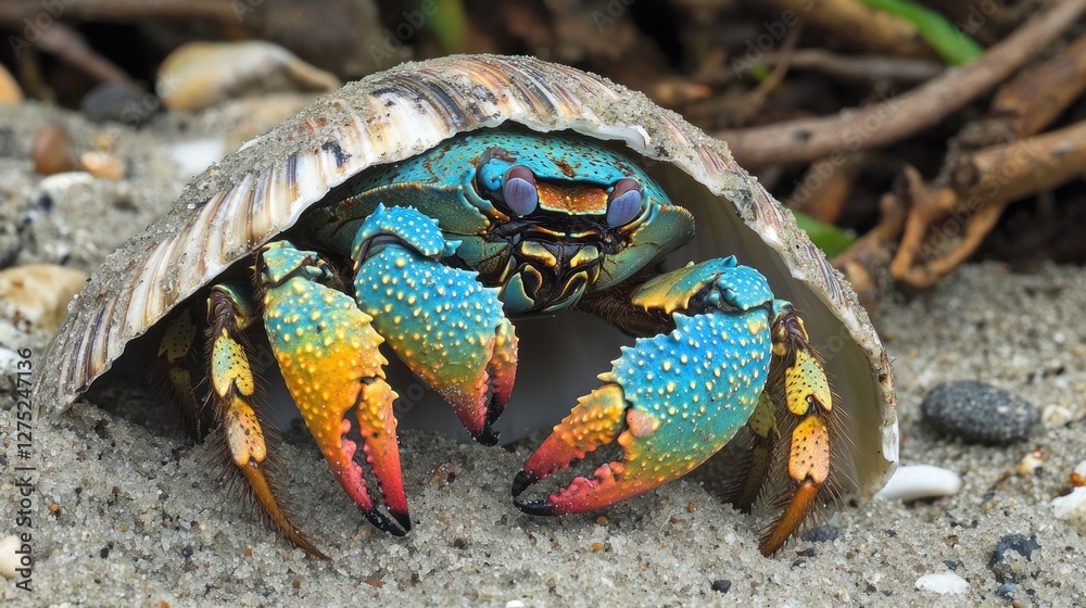 A vibrant crab peeking out from a shell on a sandy beach. A vibrant crab peeking out from a shell on a sandy beach.