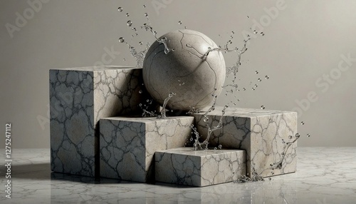 Monochrome stone sphere on concrete with water splashes