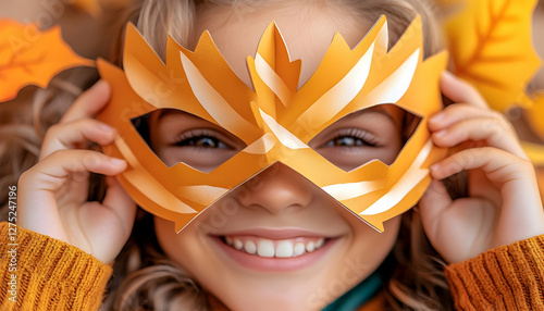 Girl smiles, holding autumn leaf mask, fall leaves background, Halloween costume photo